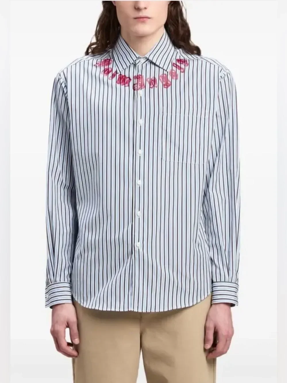 NWTs Palm Angels Logo Print Cotton Button Down Pinstriped Shirt Size 50 | US L